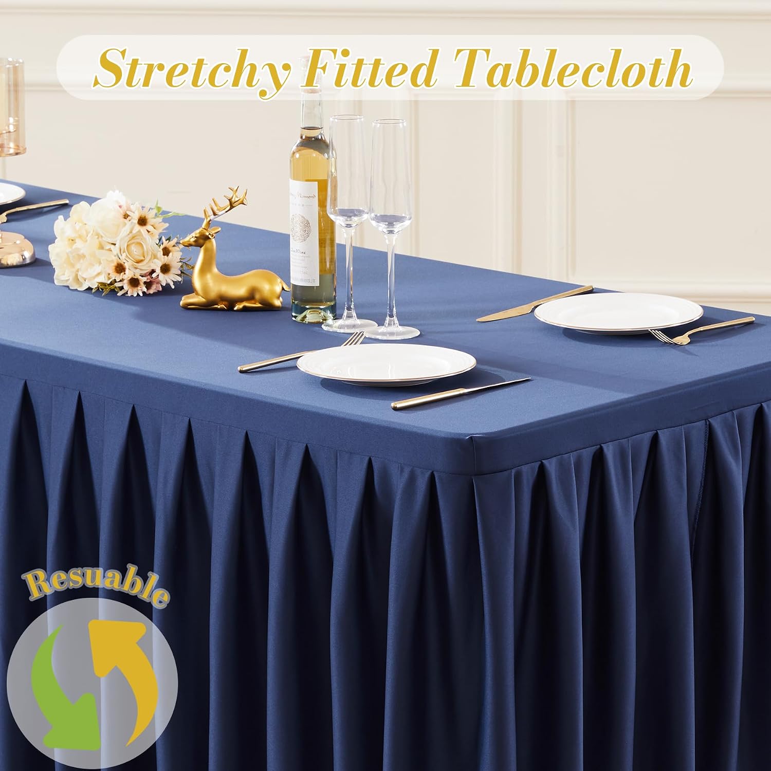 2 Pack Navy Blue Rectangle Tablecloth 6 FT Stretch Spandex Fitted Table Cloth for 6 Foot Rectangle Tables Banquet Tablecloths Wrinkle Free Table Cover Skirt Stitch Ruffle Tablecloth for Party Wedding