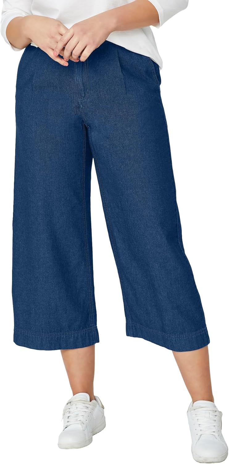 ellos Plus Size 100% Cotton Mid-Rise Lightweight Denim Elastic Waist Wide-Leg Crop Trouser Jeans