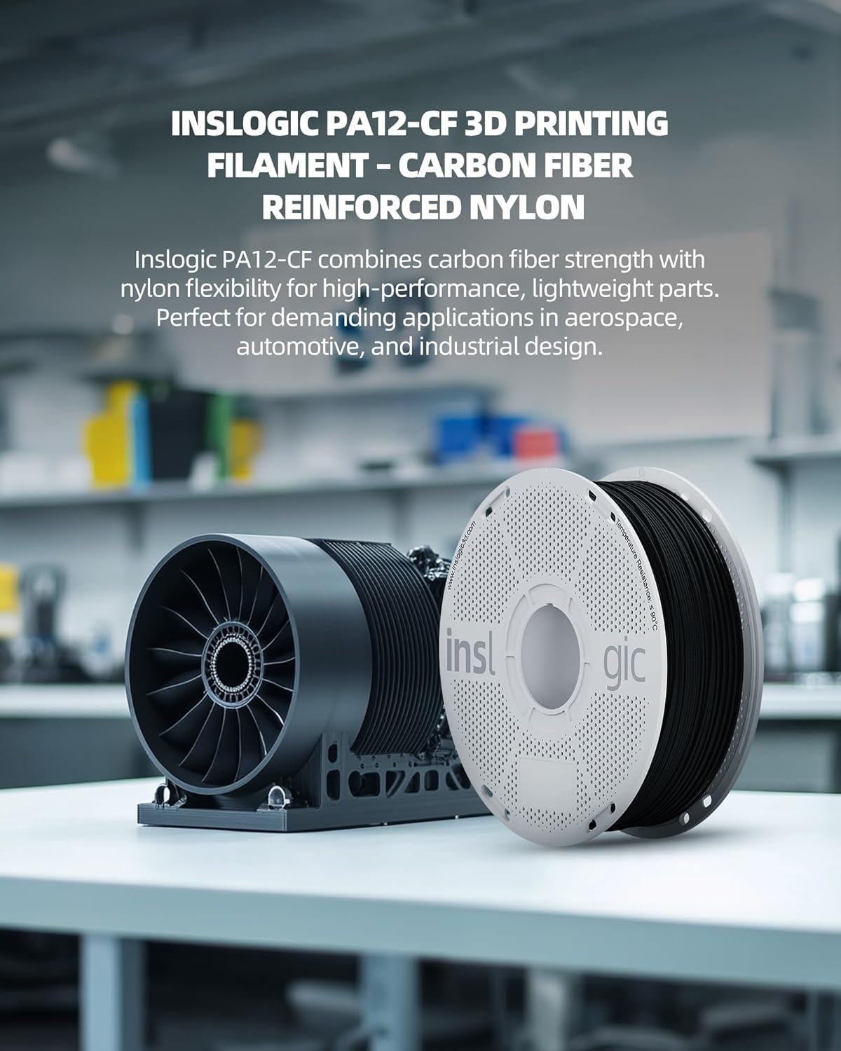 Inslogic PA12-CF Carbon Fiber Filament 1.75mm, High Strength Nylon Filament for 3D Printing, 260-280°C Print Temp, Low Warp & Wear Resistant, Ideal for Functional Parts, 1KG Spool, Black