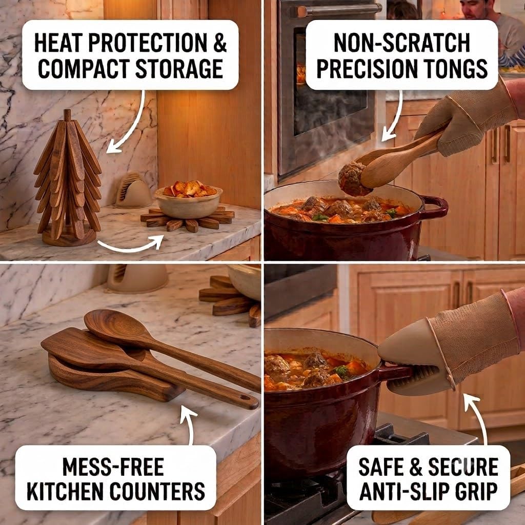 Wooden Tree Trivet Set – 5 Wooden Trivets + 1 Stand for Hot Dishes & Pots – Beige Silicone Mini Mitts, 2 Wooden Tongs & Spoon Rest – Kitchen Hot Pads for Countertops, Cooking & Baking