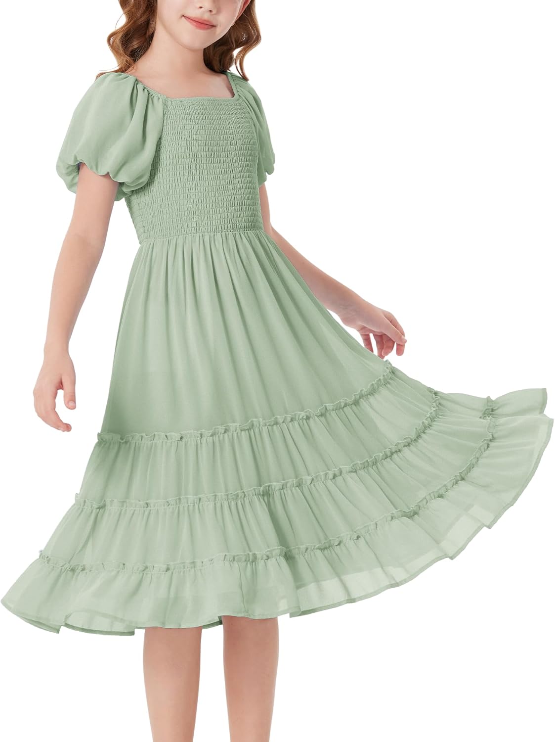 GRACE KARIN Girls Short Sleeve Smocked Summer Ruffle Dresses 7-14Y Teen Square Neck Casual Party Midii Maxi Dress