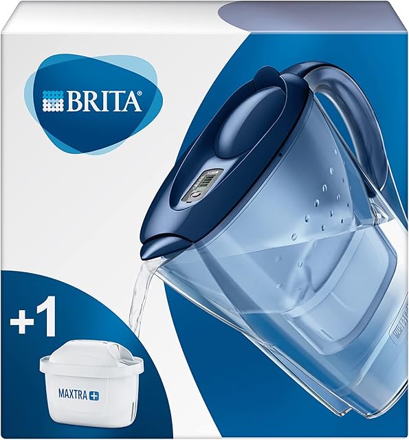 BRITA Marella fridge water filter jug for reduction of chlorine, limescale and impurities, Includes 1 x MAXTRA+ filter cartridges, 2.4L -Blue