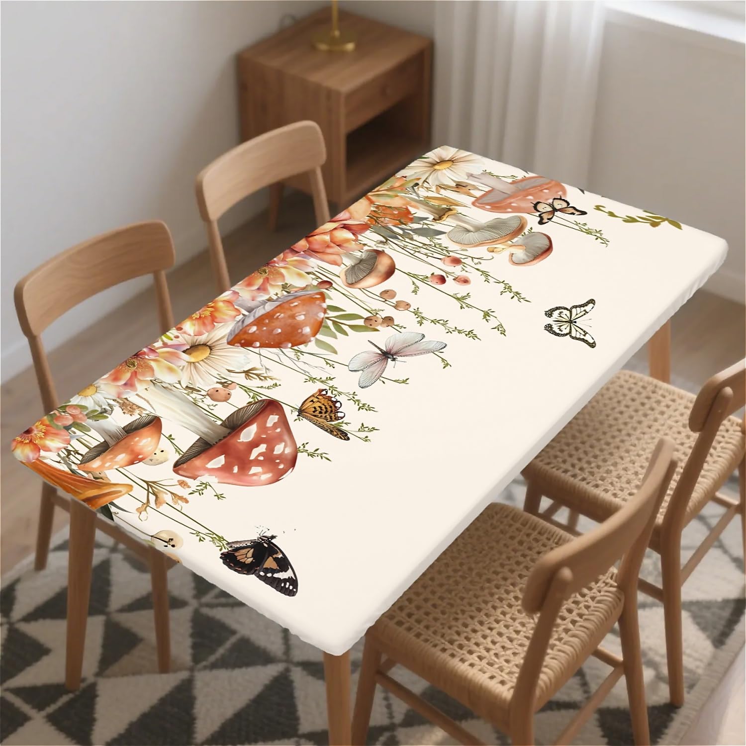 artslion Rectangle Waterproof Tablecloths Elastic Edge for Secure Fit-30 x 48 inch Wipeable Table Cover Non-PVC Fabric Mushroom feast Designs Indoor Outdoor Use