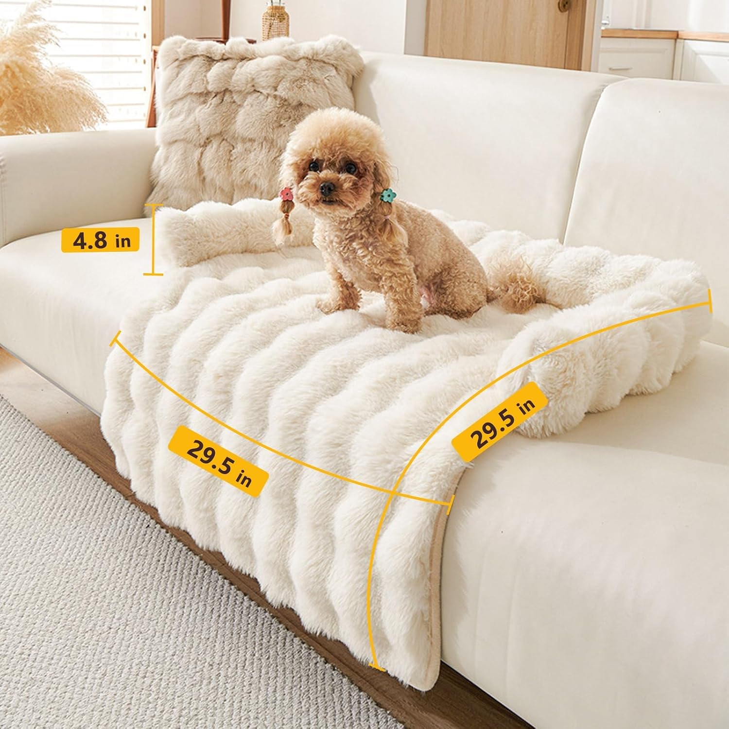 Calming Dog Bed for Couch, 29.5 x 29.5 inch, Non-Slip Rabbit-Velvet Dog Sofa Mat for Furniture Protector, Perfect for Small, Medium Dogs and Cats (Off-White, Medium)