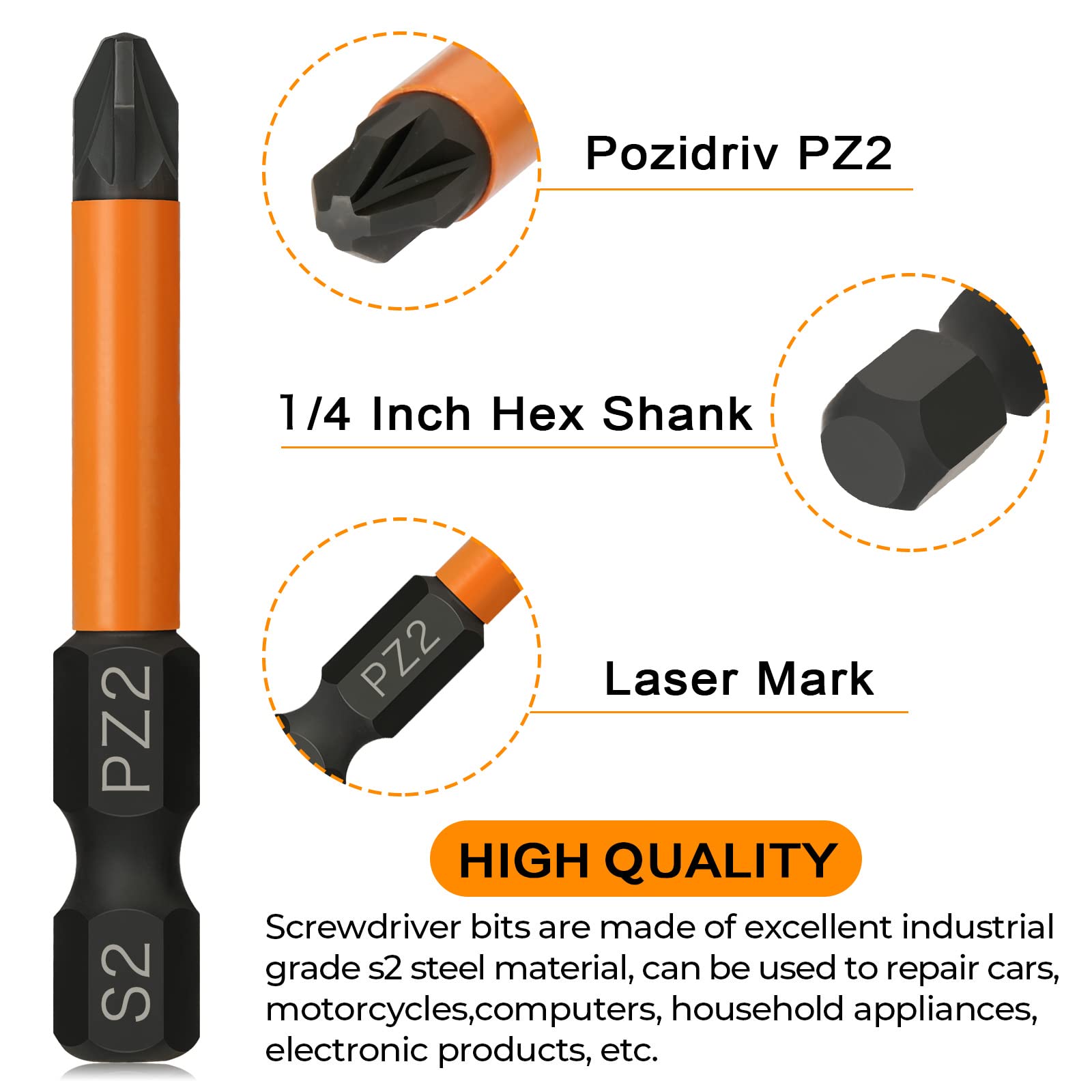 PZ2 Impact Driver Bits Hakkin Heavy Duty Magnetic Pozidriv Screwdriver Bits with Bit Driver S2 Steel 1/4” Hex Shank POZI Bits with 1pcs 60mm Bit Extension Holder - Image 2