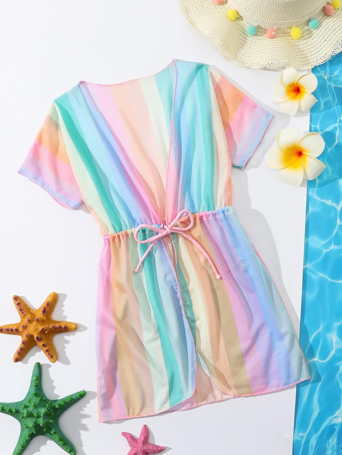 OYOANGLE Girl's Drawstring Waist Short Sleeve Swimwear Kimono Sheer Mesh Cover Up Short Dress