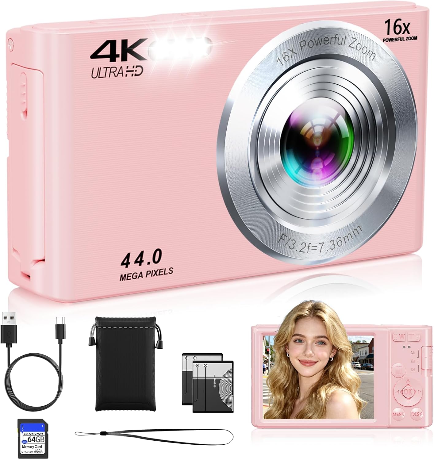 Digital Camera, 2026 Upgraded FHD 4K Pink Digital Camera for Kids Teens Girls, Compact Cameras with 64GB Memory Card 2 Batteries, Small Portable Camera with 16X Autofocus Digital Zoom for Vlogging