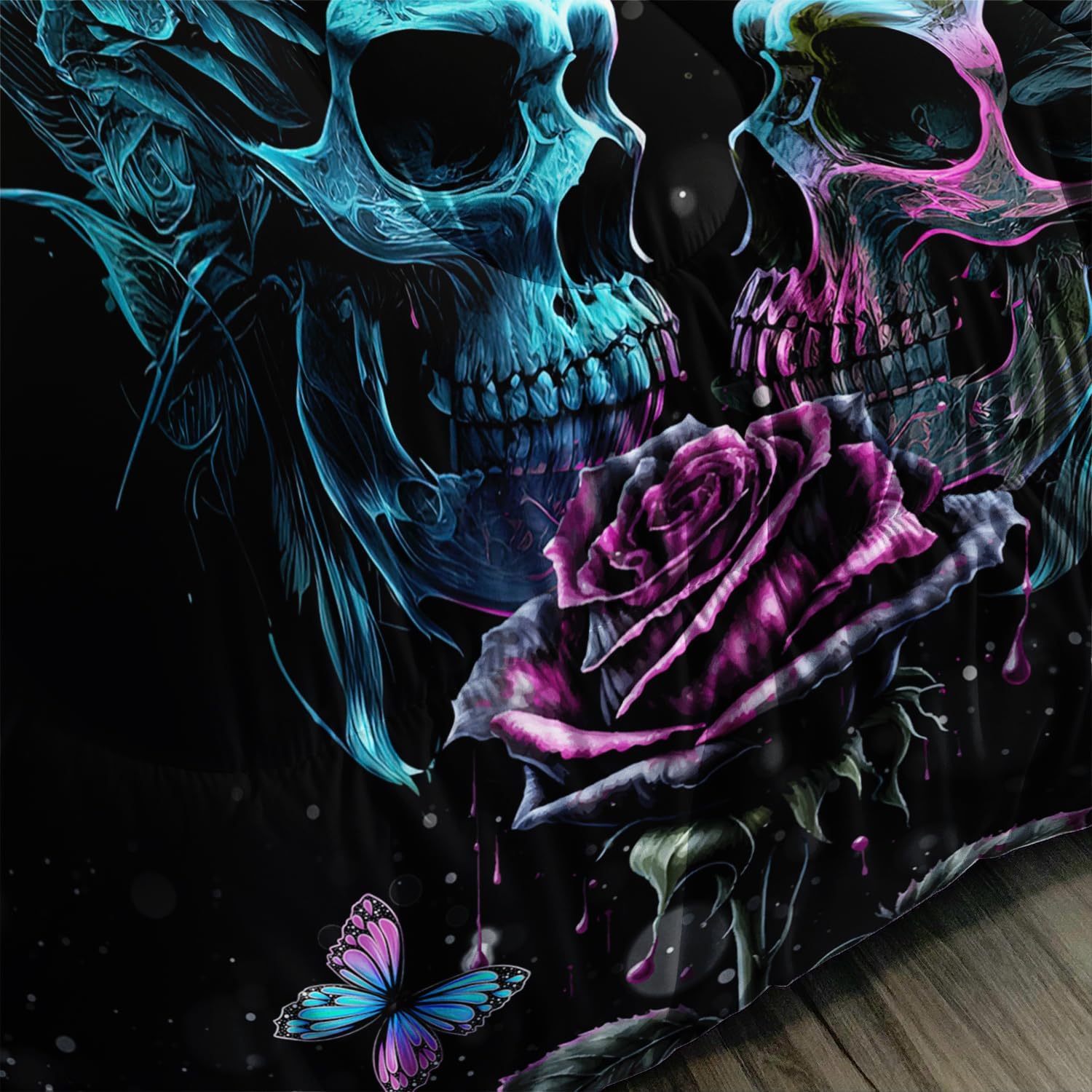 AILONEN Sugar Skull Comforter Set Queen Size, 3D Rose Skull Couple Bedding Set,Romantic Rose Flower Bed in a Bag Duvet Set 3 Pieces, 1 Quilt and 2 Pillowcases