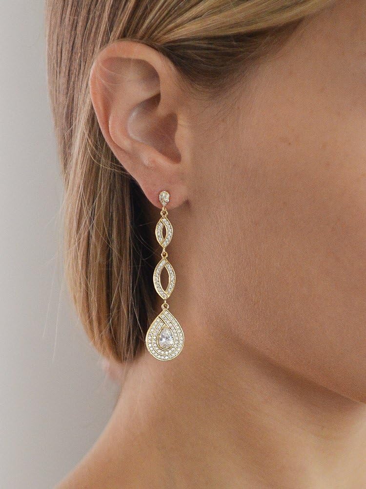 Mariell Gold Wedding Earrings, Cubic Zirconia Dangle Earrings for Bride, Bridesmaids, Gold Bridal Earring - Image 3