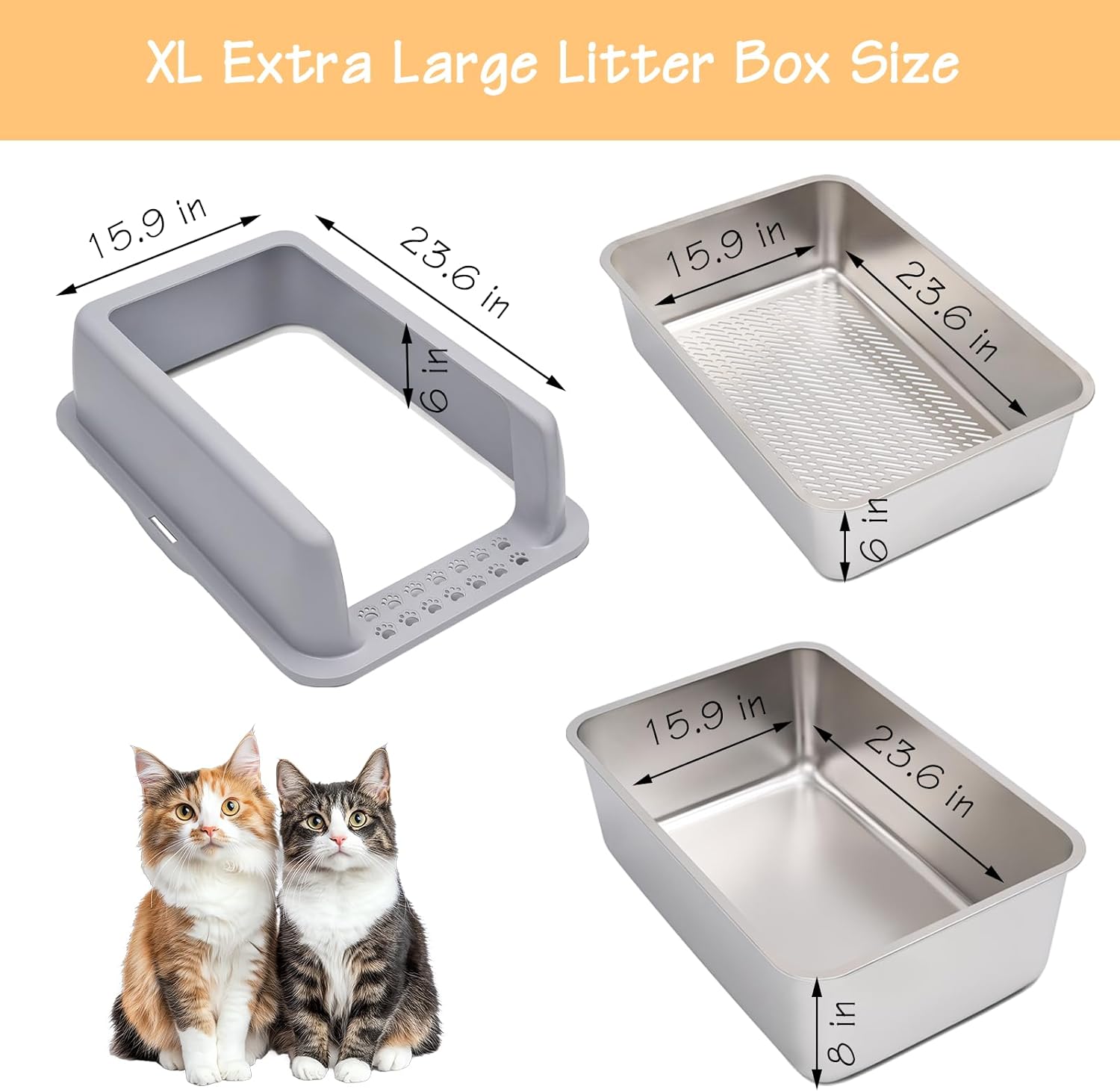 Stainless Steel Sifting Cat Litter Box with Lid, XL High-Sided, Anti-Leakage, Easy Clean, 23.6" L x 15.9" W x 14" H Includes Scoop & Liner, Ideal for Big Cats & Pine Pellets