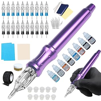 Tattoo Kit Handpoke Tattoo Manual Kit 20PCS Tattoo Cartridge Needles,Hand Tattoo Kit Complete DIY Tattoo Tool Kit with Ink Purple