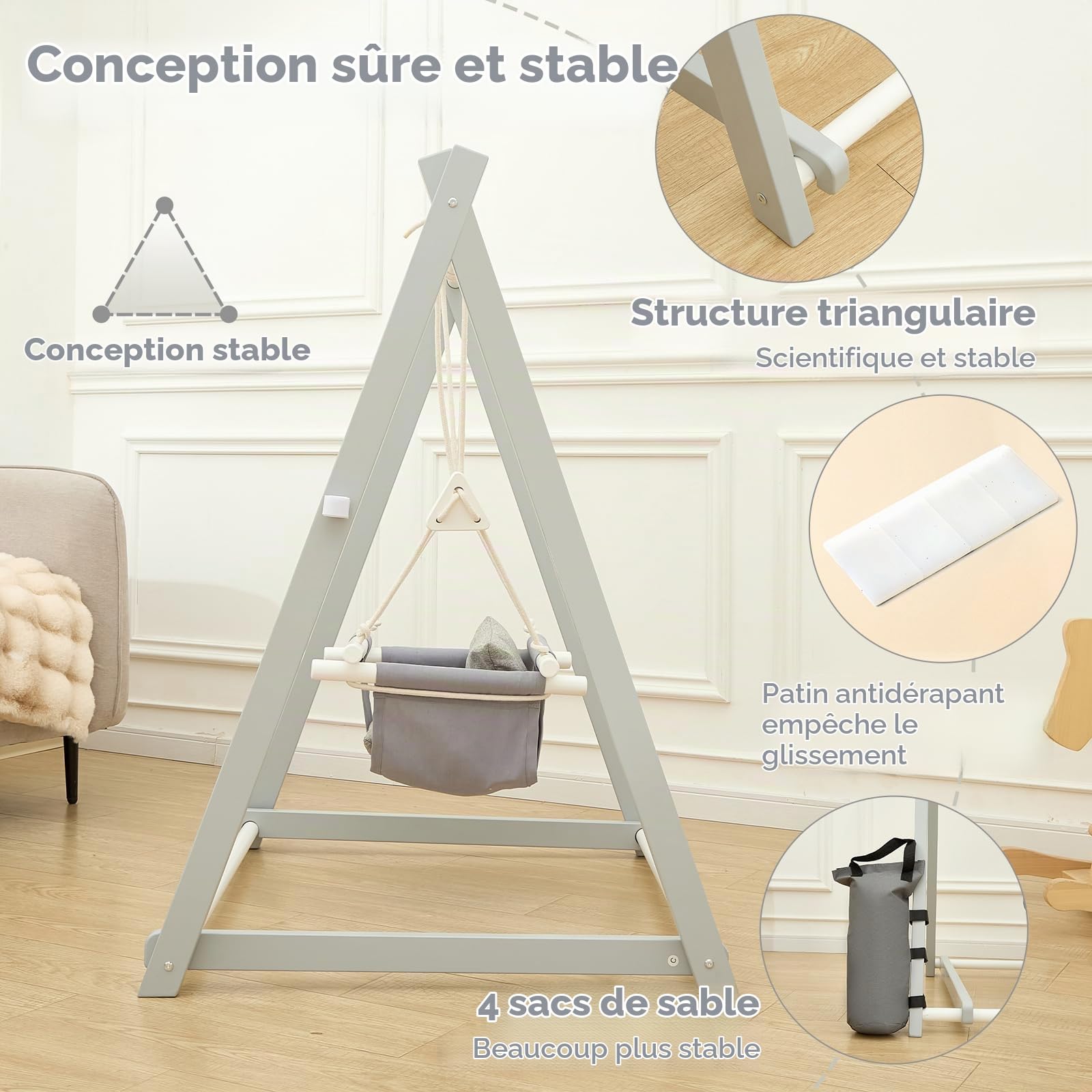 FUNLIO Balançoire en Bois Pliable pour Les Enfants de 6 à 36 Mois. Fabriquée en pin Durable, Portable avec 4 Sacs de Sable et des Sangles d'extension. Utilisation intérieure/extérieure - Gris