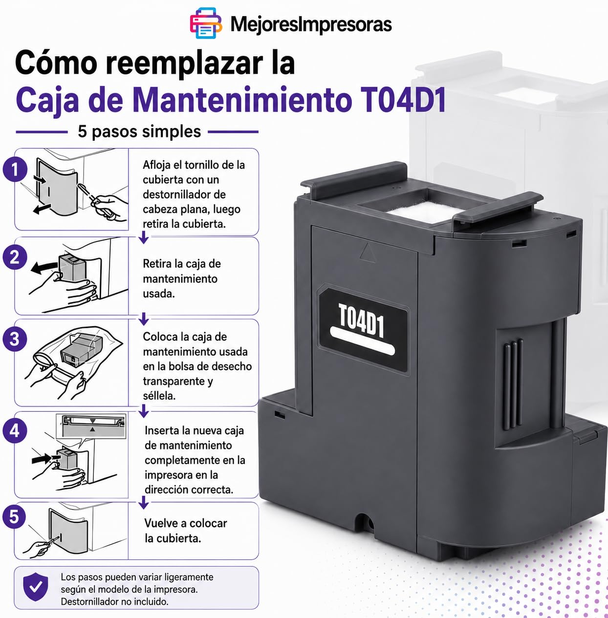 Caja de mantenimiento T04D1 para impresoras Epson EcoTank, Workforce y XP | Compatible con ET-3750 ET-4850, 4750 ET-4760 ET-3850 ET15000 WF-2860 (T04D100 | E-04D1) | Pieza compatible | Fácil reemplazo