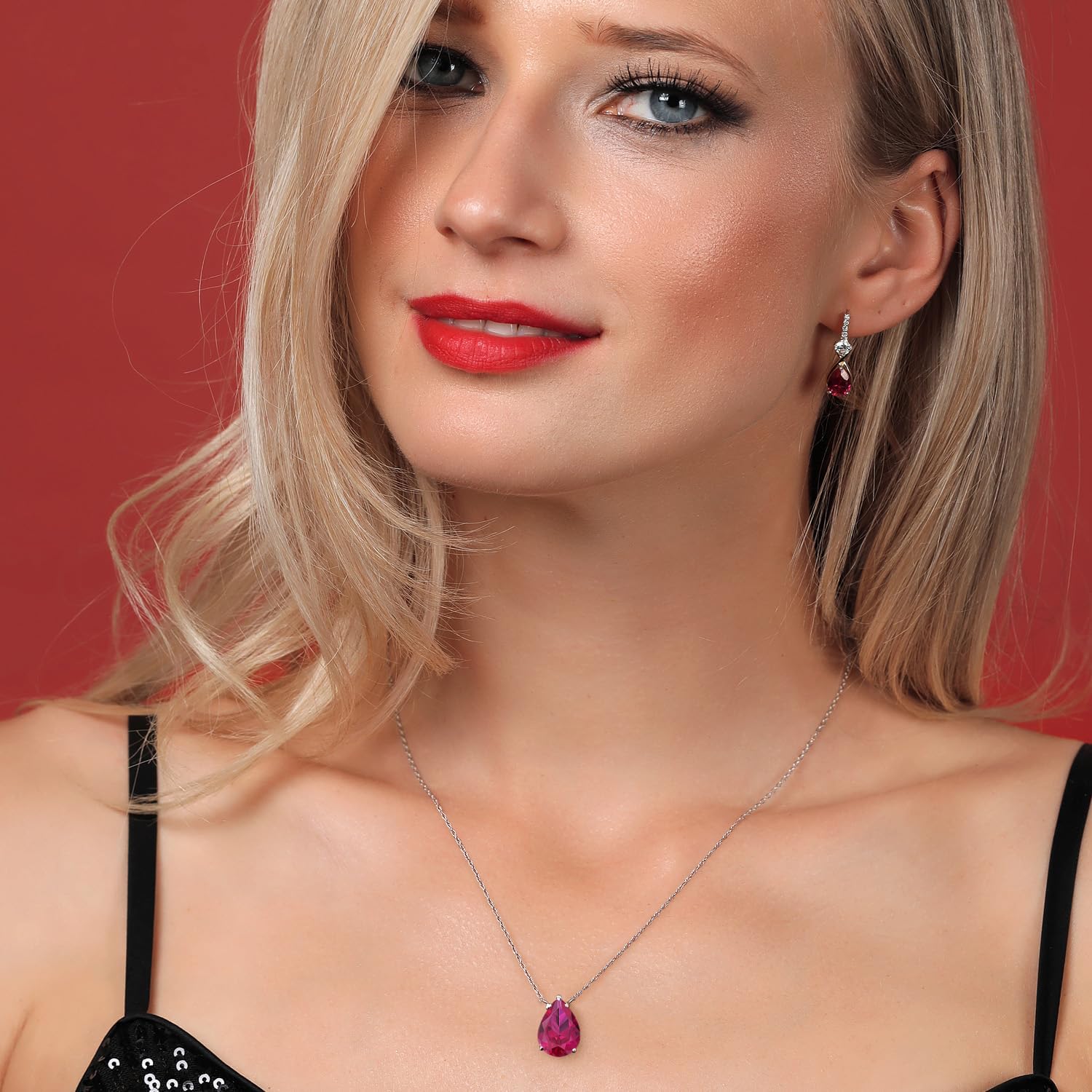 Gem Stone King 14K White Gold Red Created Ruby Pendant Necklace for Women | 3.48 Cttw | Gemstone July Birthstone | Pear Shape 12X8MM | With 18 Inch Chain - Image 4