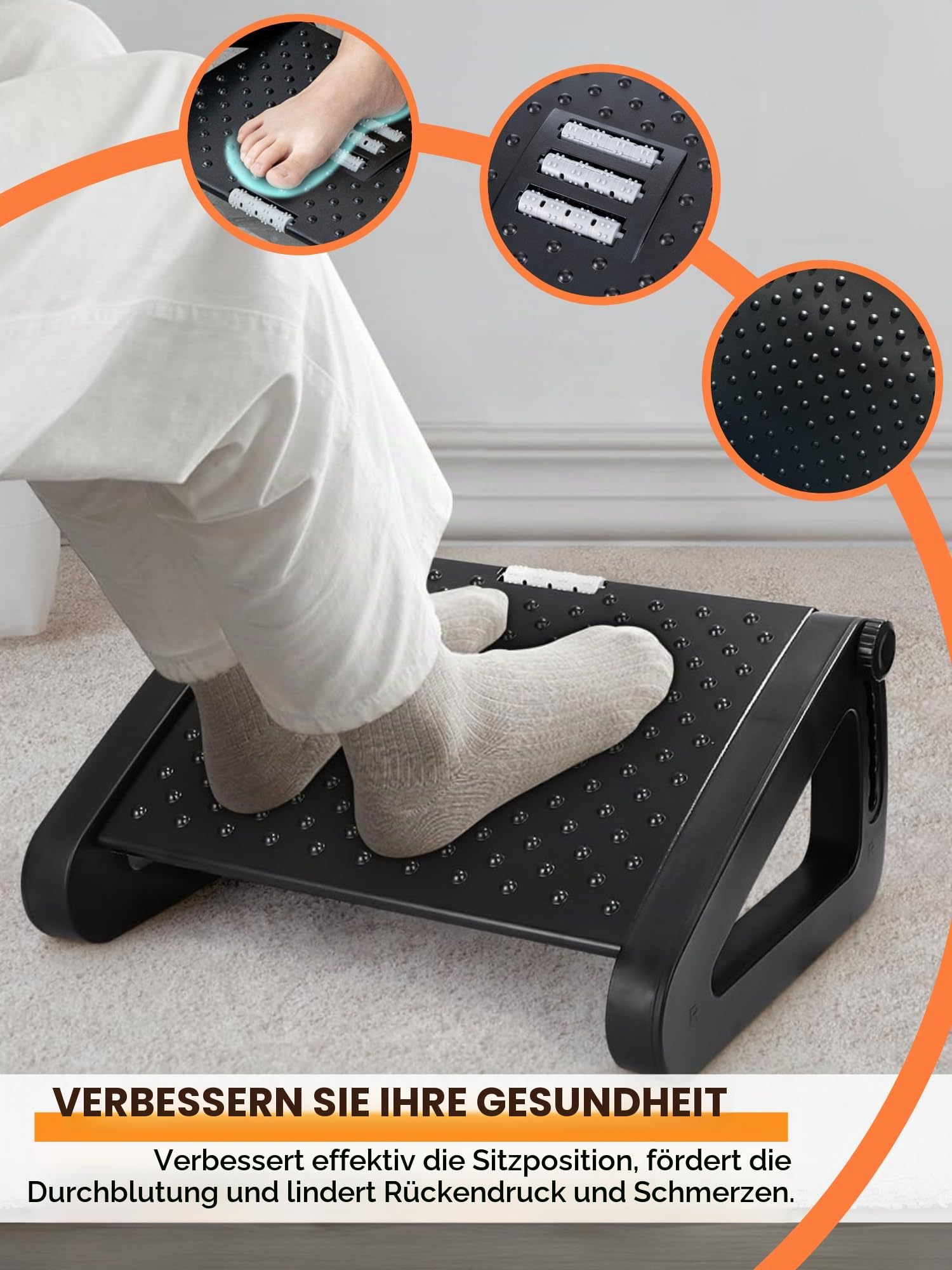 Fußstütze Unter Schreibtisch, Ergonomische Fußbank fürs Büro, Rutschfest, Verstellbare Fußbänkchen mit Massagefunktion, Verbessert die Körperhaltung und die Durchblutung, Ideal für Arbeit und Zuhause