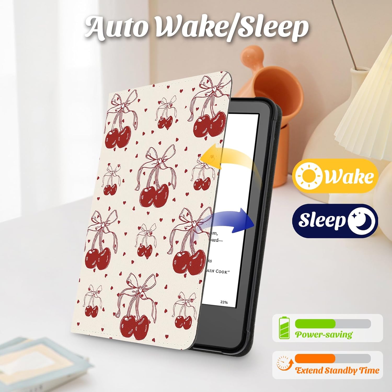 Idocolors Case for 6.8" Kindle Paperwhite (11th Gen-2021), Slim Foldable Stand PU Shell KPW5 Cover with Hand Strap, Auto-Wake/Sleep Protective Case for Women, Cherry