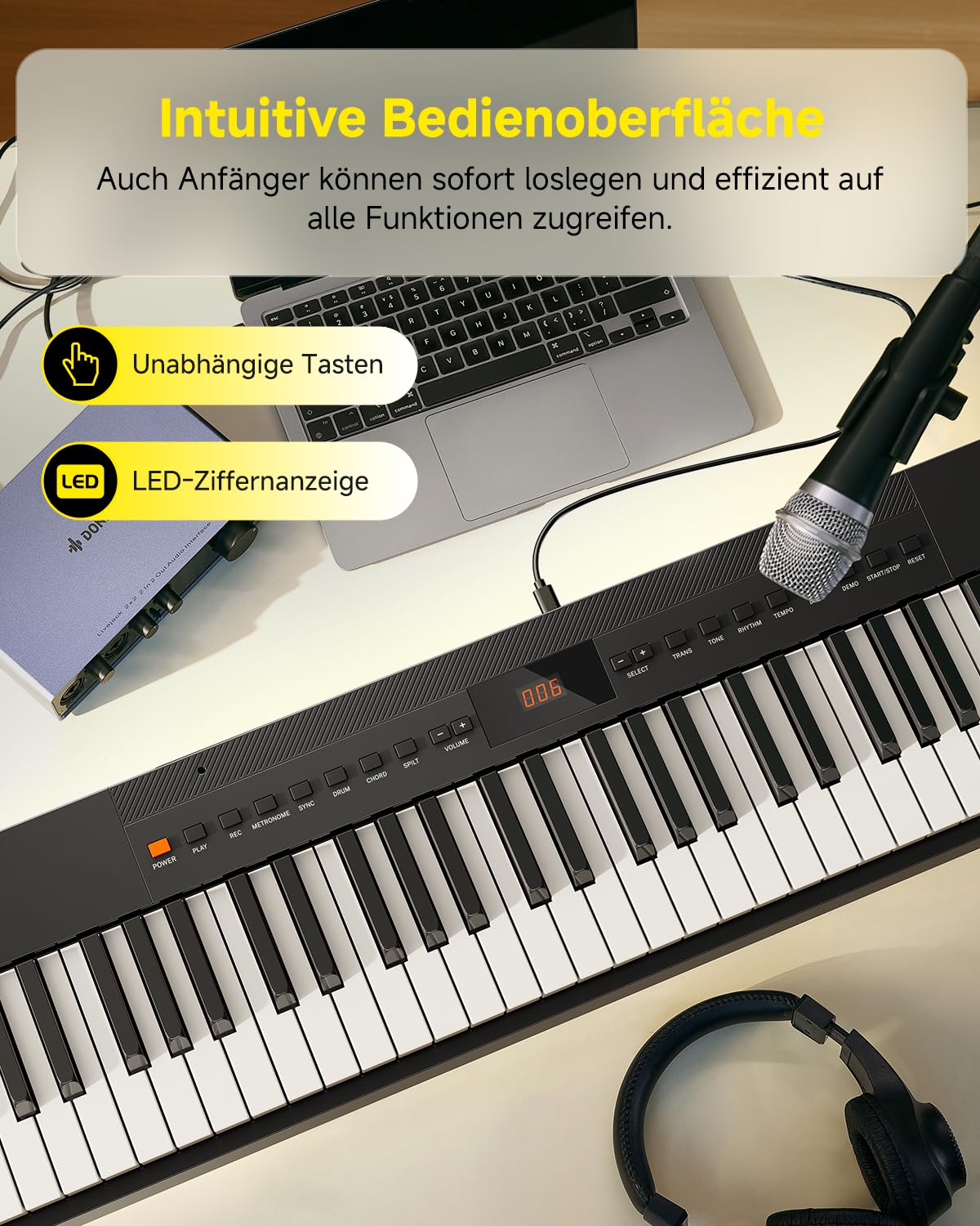 Donner DEP-05 Digitalpiano mit 88 halbgewichteten anschlagdynamischen Tasten für Anfänger, tragbares E-Piano Keyboard Set mit abnehmbarem X-förmigem Ständer und Pedal, Drahtloses und USB-MIDI, Schwarz