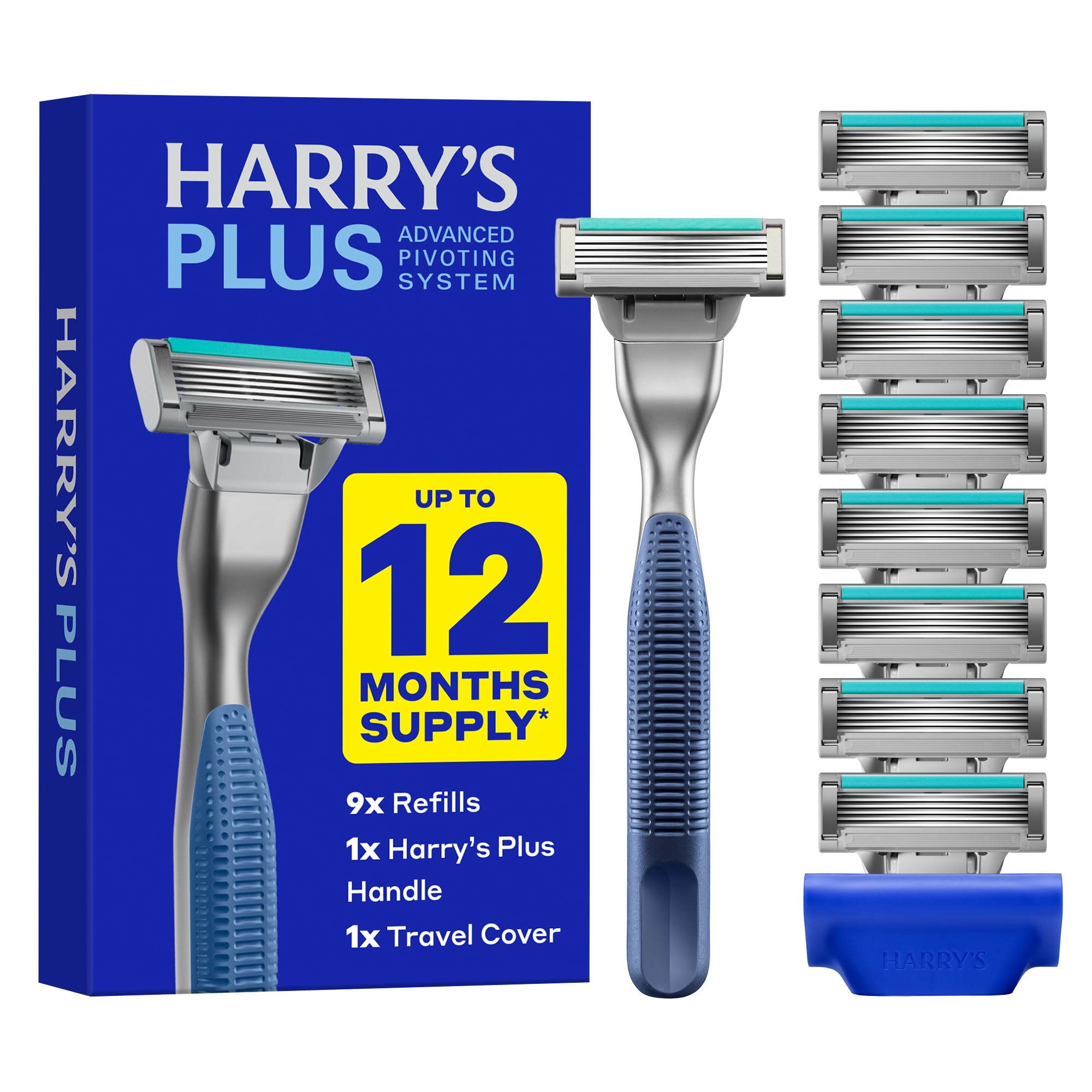 Harry's Plus Razor Value Pack - Premium Handle and 9 Razor Blade Cartridges 1 Count (Pack of 1)