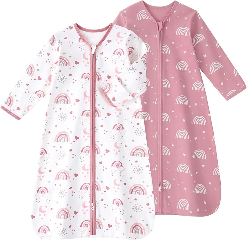 Baby Sleep Sack 0-6 Months, Long Sleeve Baby Wearable Blanket 0.5 Tog with Mittens, 2-Way Zipper Newborn Cotton Sleeping Sack for Boy and Girl Pink Rainbow 2 Pack (Small)