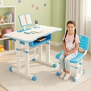 TALINOZ Study Table for Kids 5-12years Boys Height Adjustable Kids Table with Drawer, Pen and Book Holder Studying Desk wi
