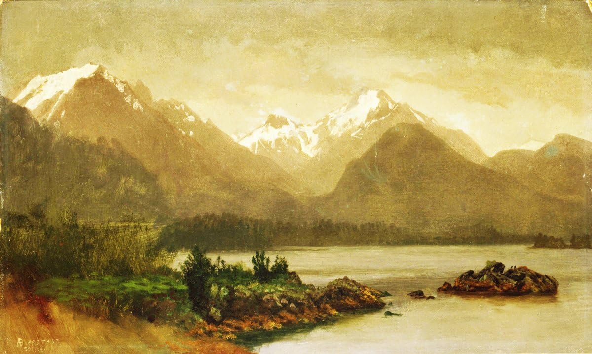 Lake At The Foot Of Snow-Capped Mountains At Dusk By Albert Bierstadt Stretch Canvas Wall Art Home Decor Artinway