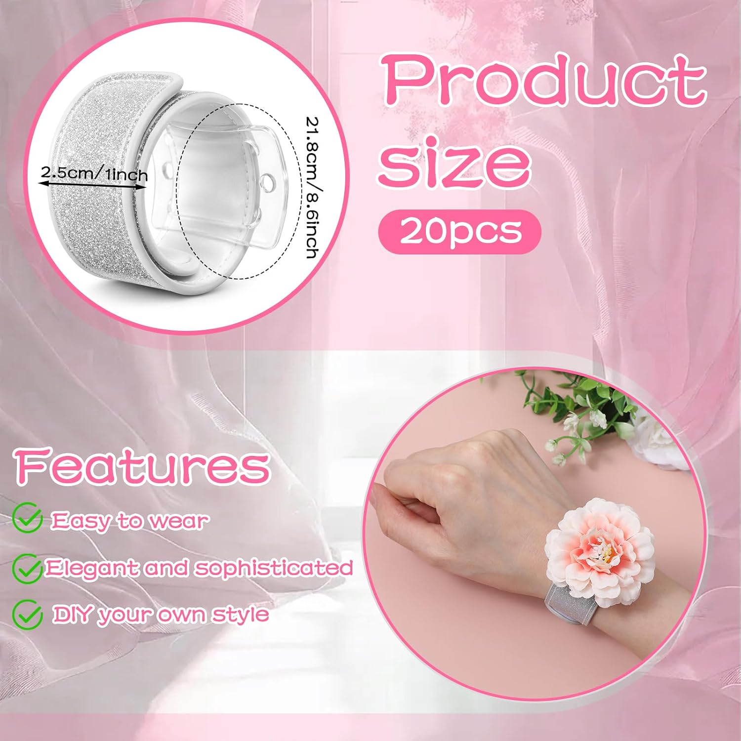 20 Pcs Slap Bracelet Corsage Bands, Corsage Wristlet Band Silver, Corsage Slap Wristlet Band Bulk for Wedding Bridal Shower Prom Party Supplies DIY Floral Slaplets