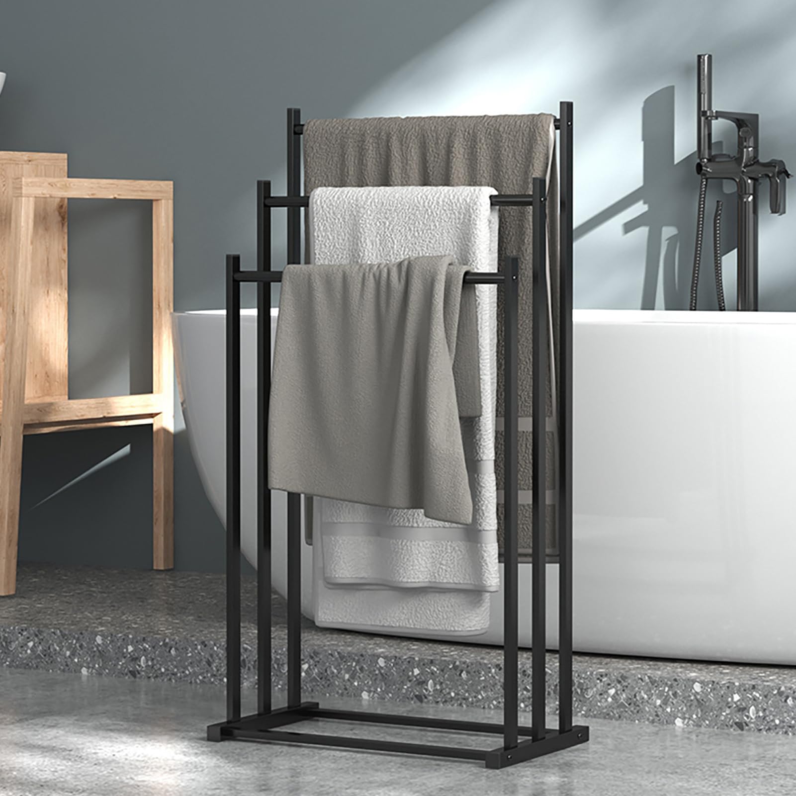 Portasciugamani da terra con ripiani portaoggetti, moderno stendibiancheria per bagno e uso esterno