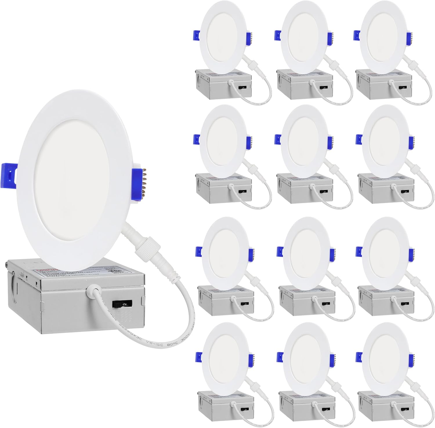 12-Pack of 4-Inch Slim LED Recessed Lights with Junction Box, Adjustable Color Temperatures (2700K-5000K), 9W Equivalent to 75W, Dimmable, 950LM Brightness – ETL and Energy Star Certified