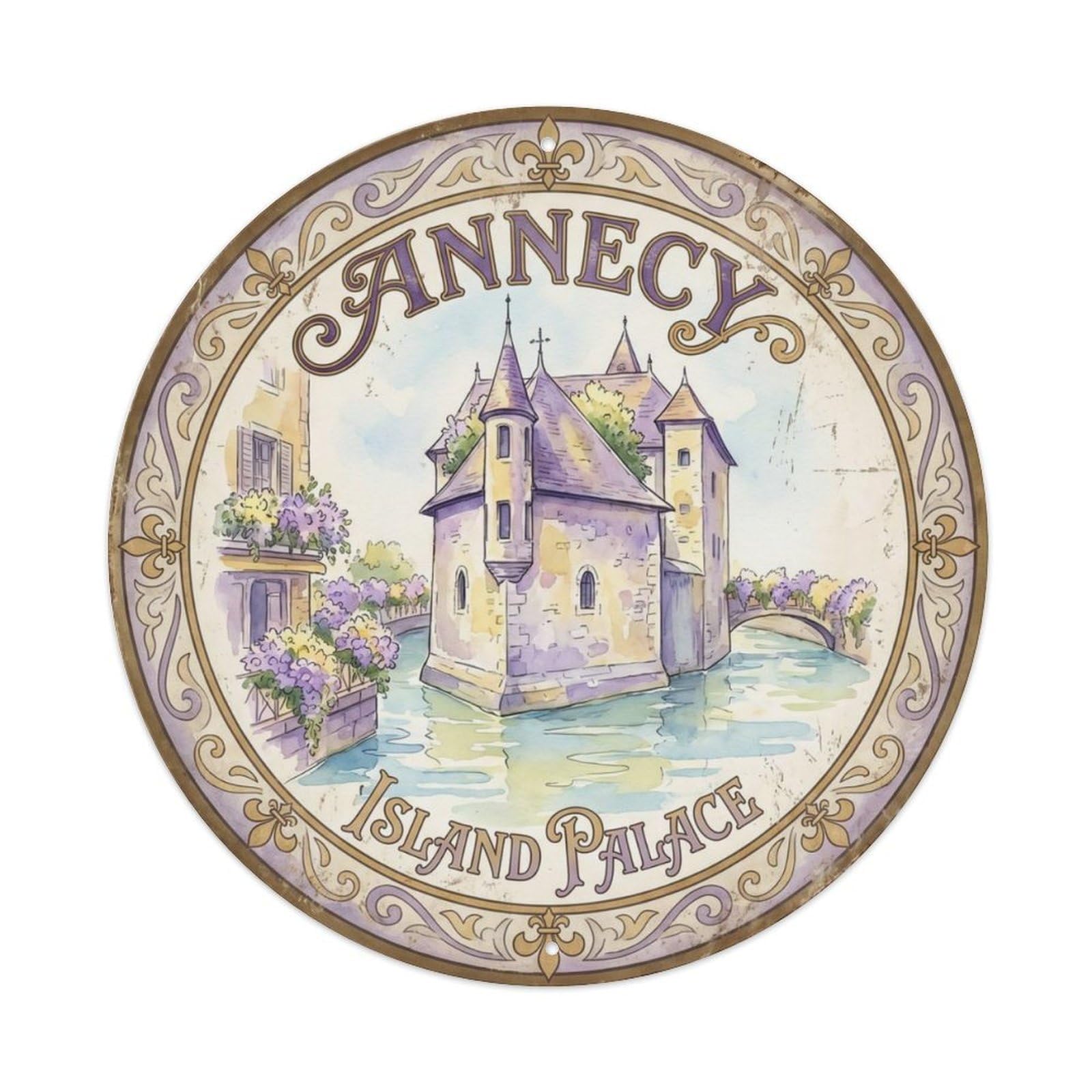 Vintage Travel Annecy France Castle Metal Tin Sign Plaque Wall Decor for Cafe, Club Bar, Office, Home Garden Round Metal Poster 8x8Inch
