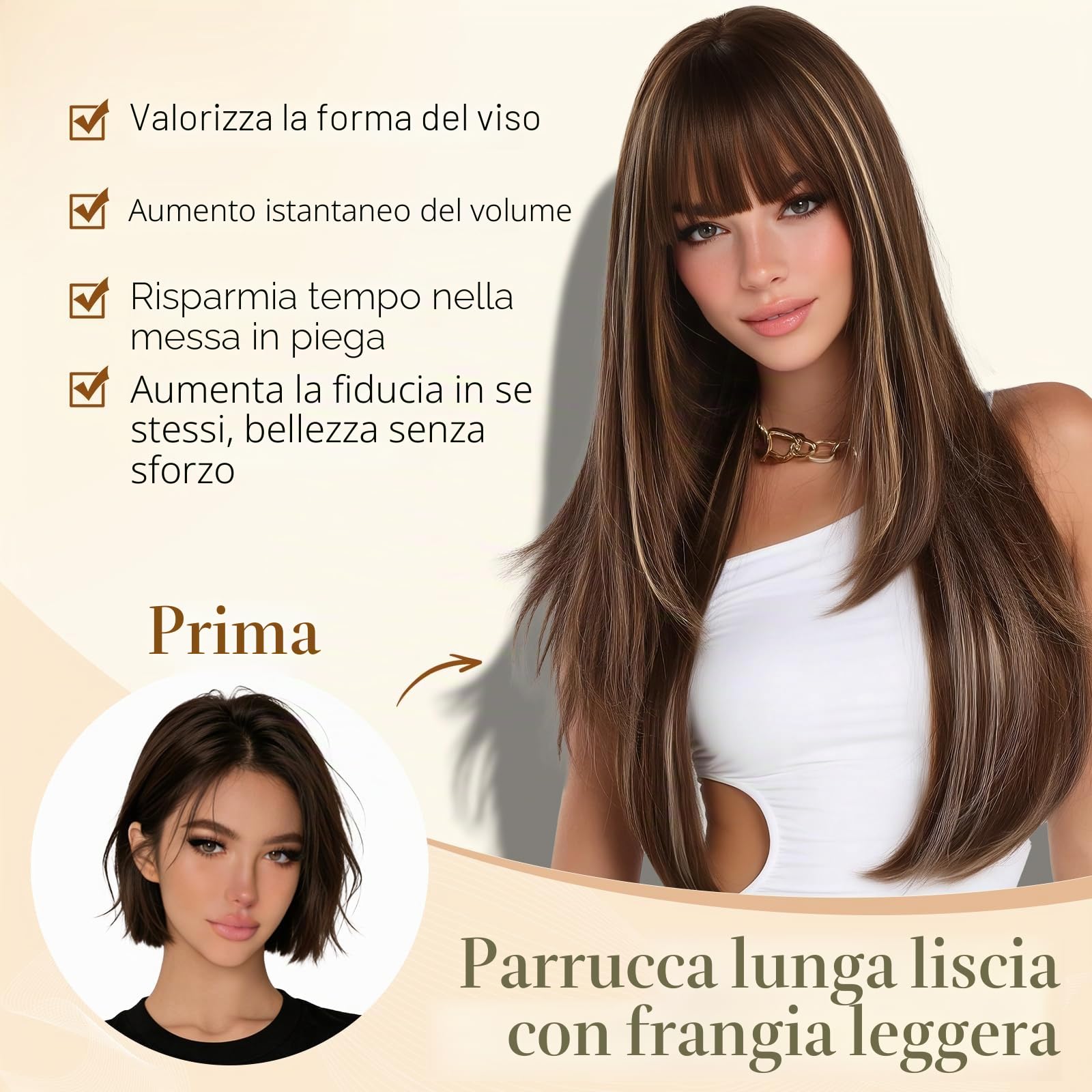 Sofeiyan Parrucca Marrone Scuro con Riflessi Cenere-Oro Lunga con Frangia,65 cm Parrucca Capelli Lisci per Donna,Capelli in Fibra Sintetica Naturale,Parrucche a Strati per Quotidiano Feste Cosplay