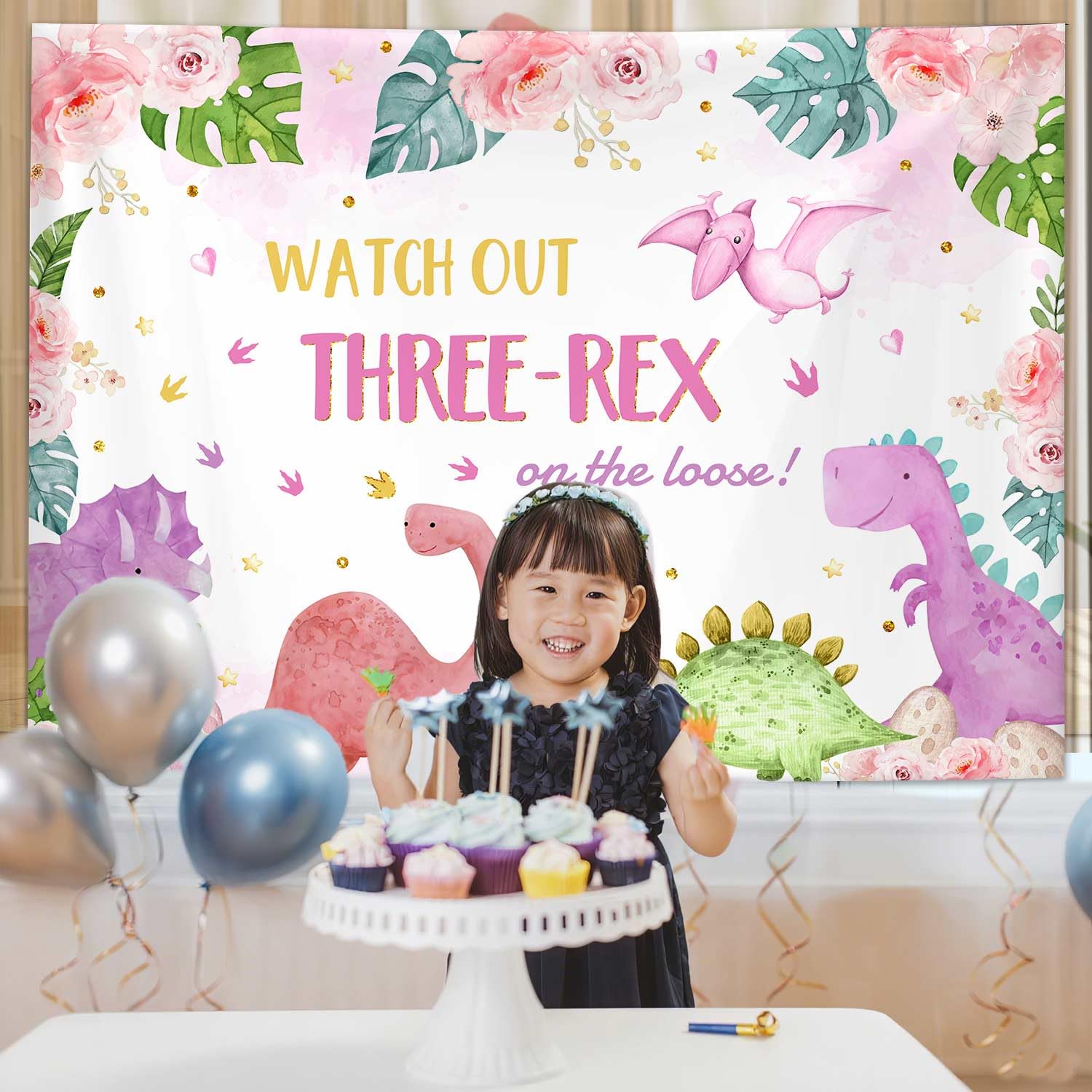 Three-rex Party Decor Sensfun Pink Dinosaur 3rd Birthday Backdrop ...