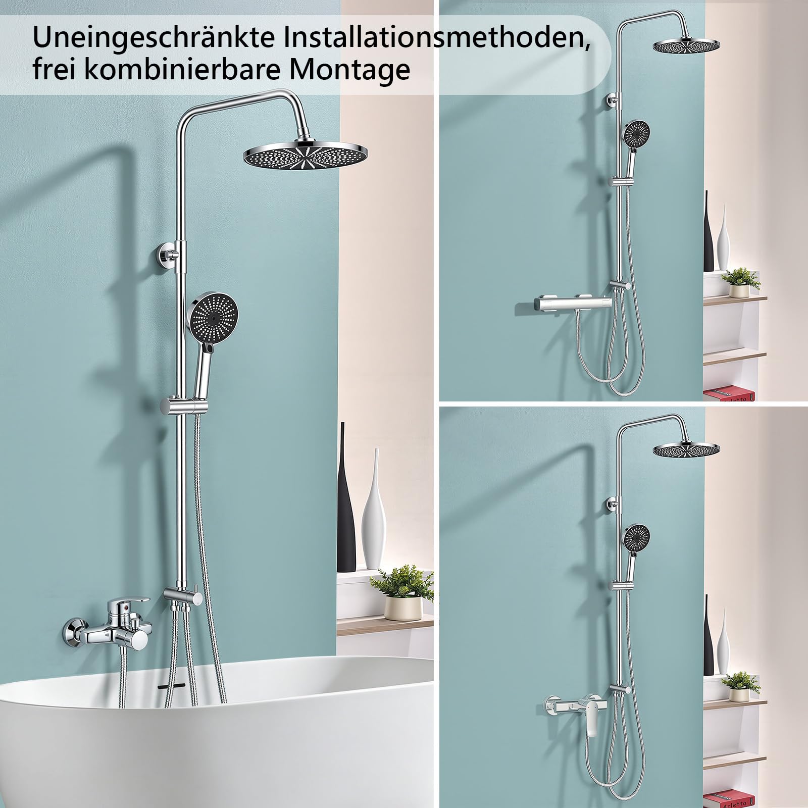 Duschsystem ohne Armatur höhenverstellbar 26 cm runde Regendusche & Handbrause mit 3 Strahlarten Duschset ohne Armatur Edelstahl schnelle Montage