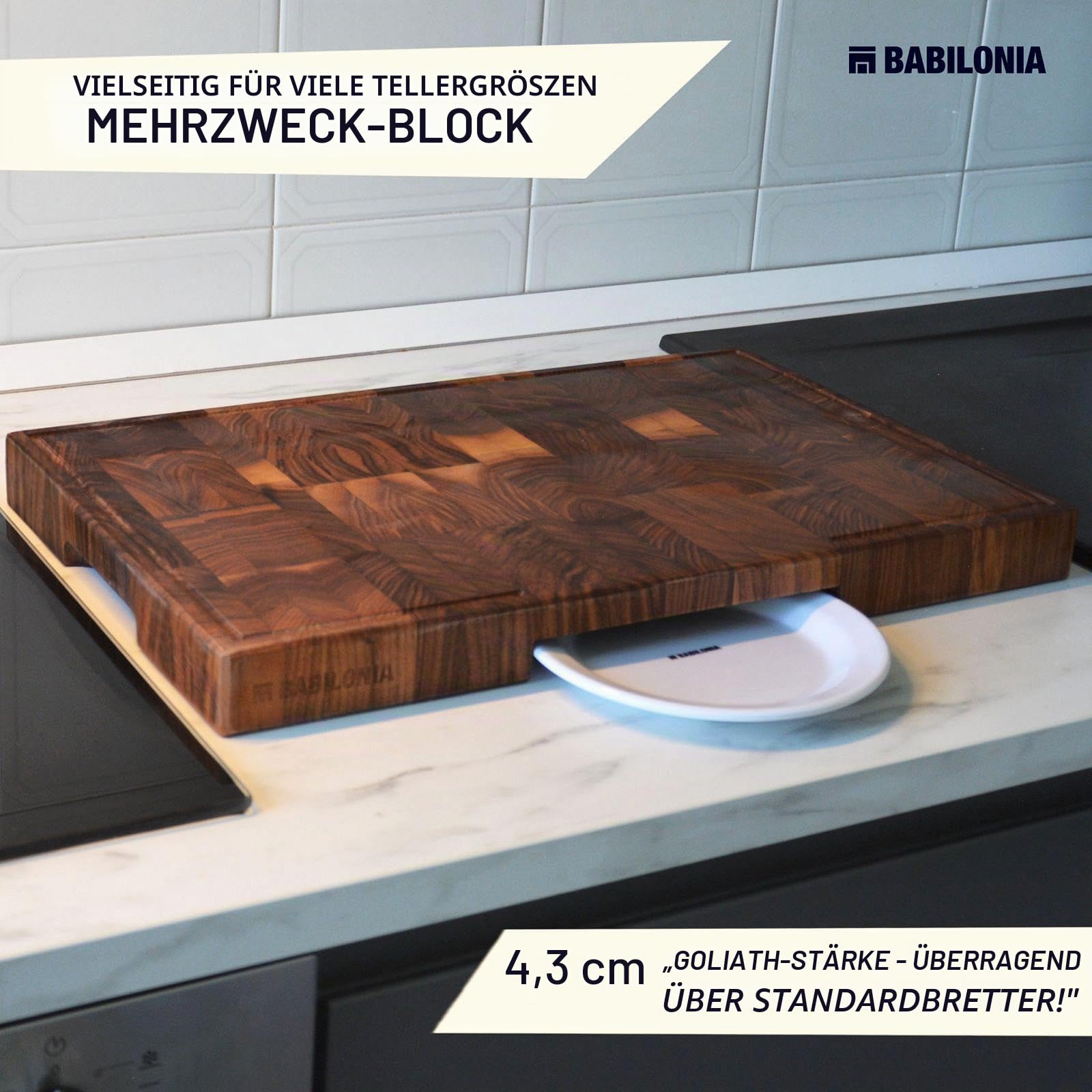 Amerikanisches Schneidebrett aus schwarzem Walnussholz (extra dick, 4,3 cm), Premium-Qualität und professioneller Metzgerblock, robustes Schneidebrett aus Hirnholz (Ölflasche und Teller im