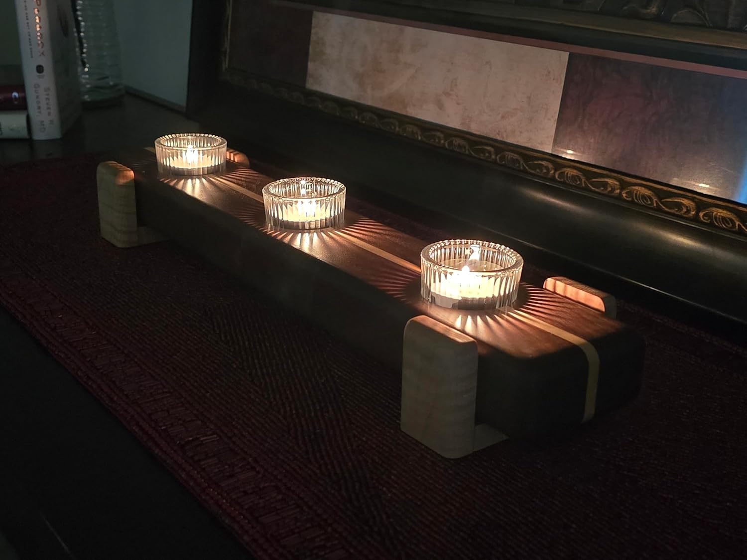 Handmade Hardwood Tealight Candle Holder | 20" Walnut W/Curly Maple Inlay and Risers | 5-Hole Incl Candles and Glass Cups | Unique Home Decor