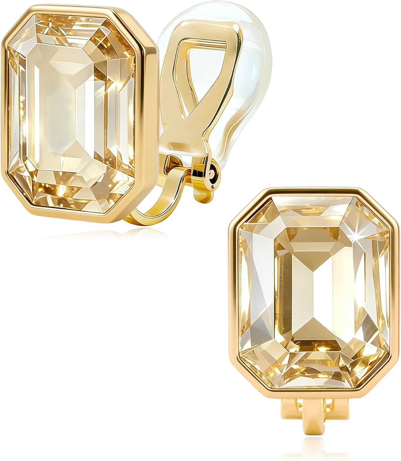 EVEVIC Austrian Crystal Octagon Clip On Earrings for Women Fashion 14K Gold Plated Non Pierced for Sensitive Ears Jewelry Gifts