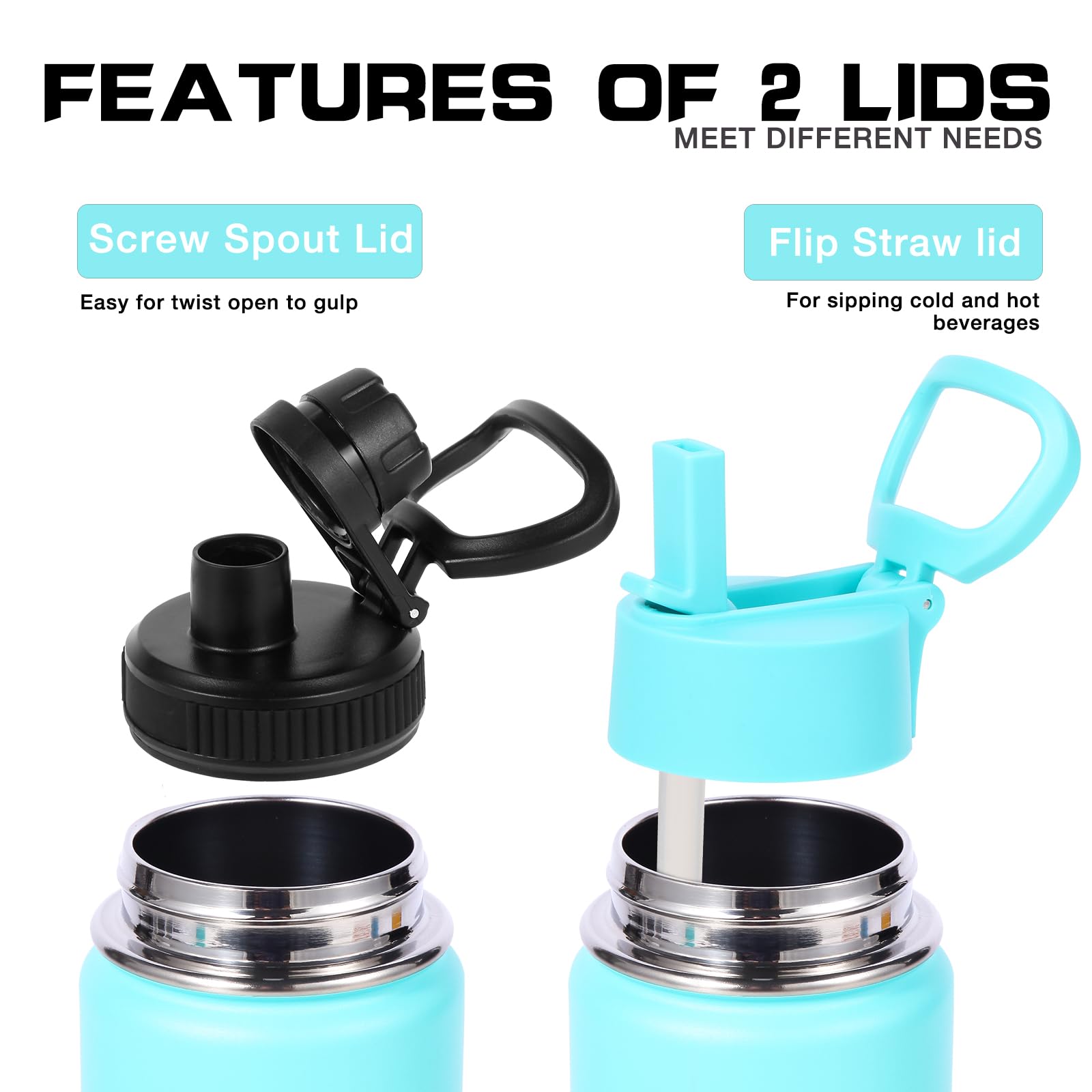 Volhoply 600ml Trinkflasche Edelstahl, vakuumisolierte doppelwandige Thermosflasche mit Strohhalm und Griff, inkl. 2 Deckeln, BPA-frei Isolierflasche für Outdoor Sport(Grün-Blau,4er-Set)