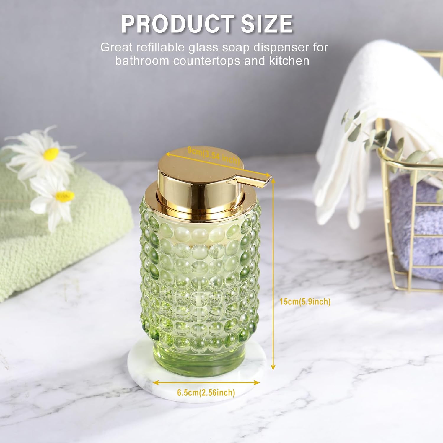 Glass Foaming Hand Soap Dispenser for Bathroom Decor with Pump（Foam Type/Green）