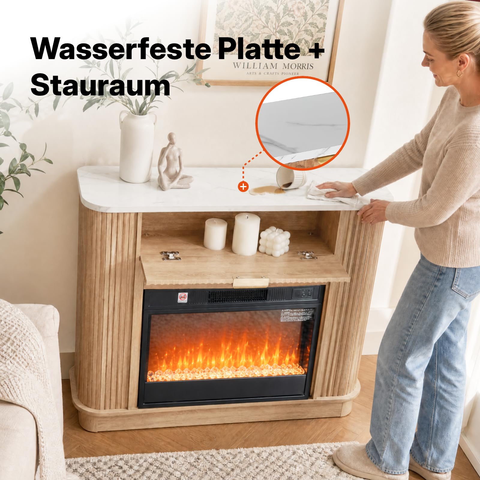 NorthSky Elektrokamin mit Heizung 1800W, 39 Zoll Standkamin mit Kaminsims & Marmorplatte, 23 Zoll 3D LED Flammeneffekt, 7 Farben 10 Modi, Fernbedienung & Timer, Stauraum Schublade, Wohnzimmer