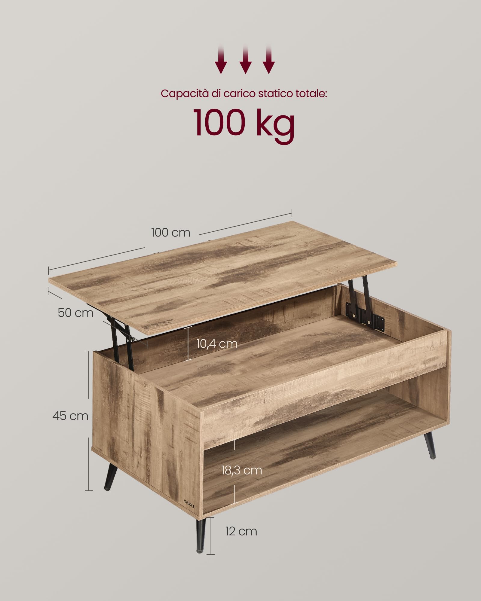 VASAGLE Tavolino da Salotto, Tavolino da Caffè con Piano Sollevabile, Molla a Gas, Vano Nascosto, Ripiano Aperto, Soggiorno Ufficio Sala da Pranzo, Marrone Cammello e Nero Inchiostro LCT267LB01