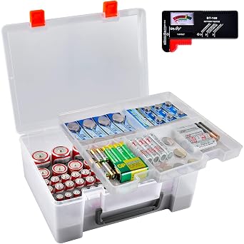 Battery Organizer Holder with Batteries Tester Checker, 120+ Storage Containers Box Case Fits for AA AAA 9V C D Lithium 3V LR44 CR2016 CR1632 CR2032 CR2025 Batteries Not Includes -Transparent