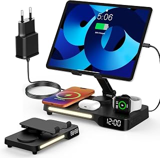 7-in-1 Wireless Charging Station with Night Light and Alarm Clock, Multiple | Adjustable Swivel Holder, Multifunctional Quick Charger compatible with iPhone/Apple Watch/AirPods