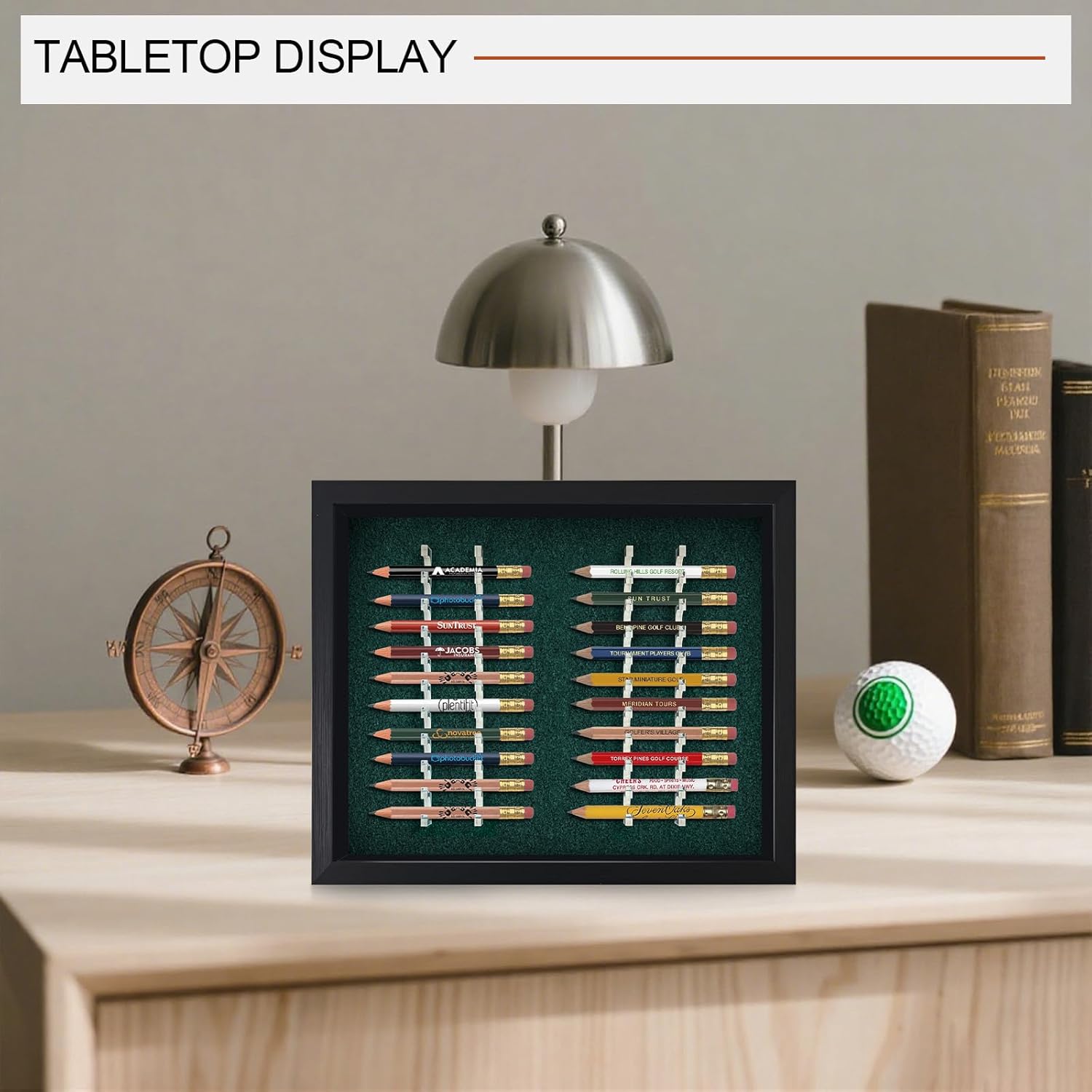 Golf Pencil Display Case, Holds 20 Round or Hexagonal Golf Pencils, Wall-Mount or Desktop Display Frame for Golf Tees, Home or Office Golf Decor and Collectibles