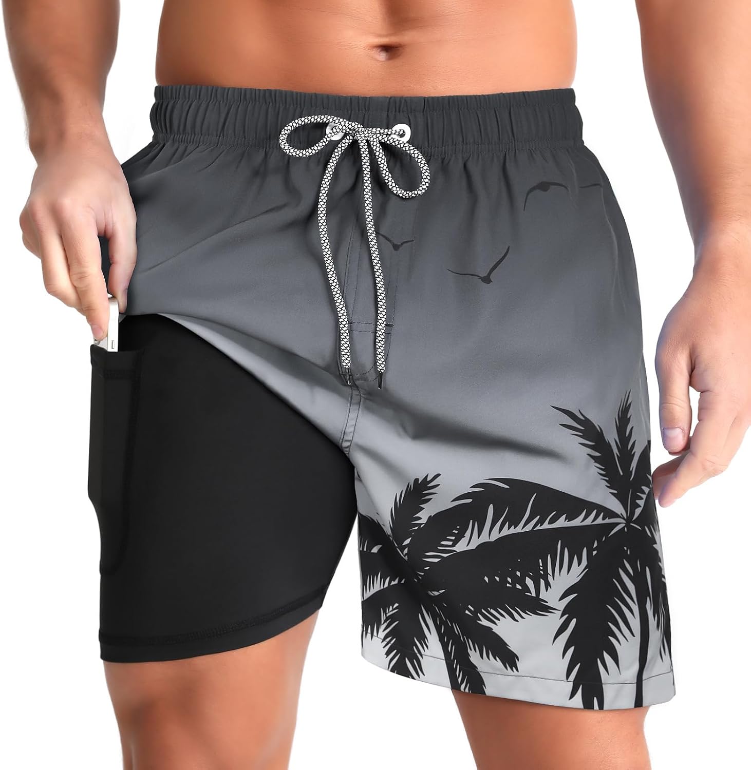 zeetoo Mens Swim Trunks with Compression Liner 5" Inseam Quick Dry Beach Shorts with Zipper Pockets