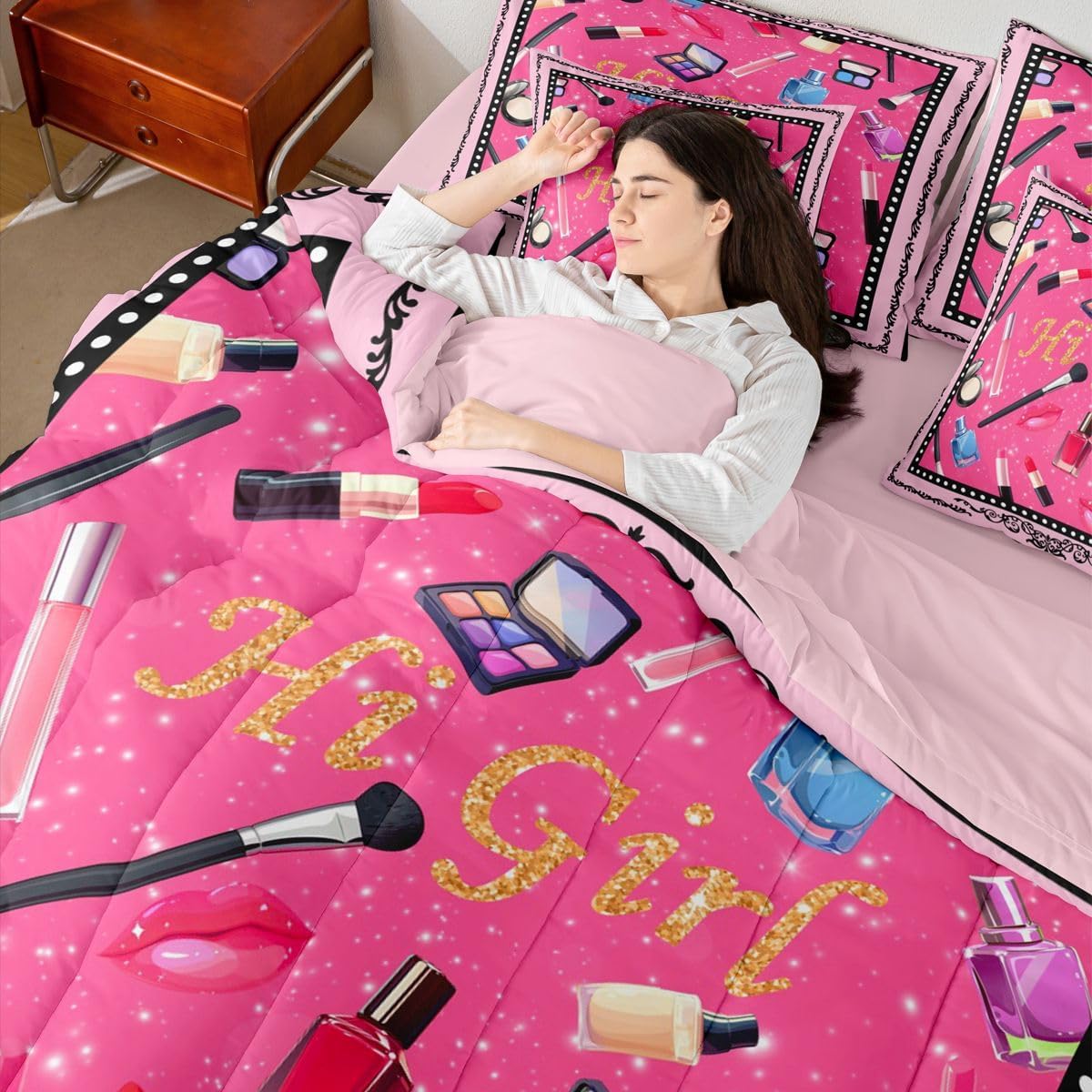 Makeup 7 Pieces Kids Bedding Set Queen Bed in a Bag,Girls Women Cosmetics Lipstick Comforter Set with Comforter,Flat,Fitted Sheet,Pillowcases,Pillow Covers,Glitter Lace Print Microfiber Bedding