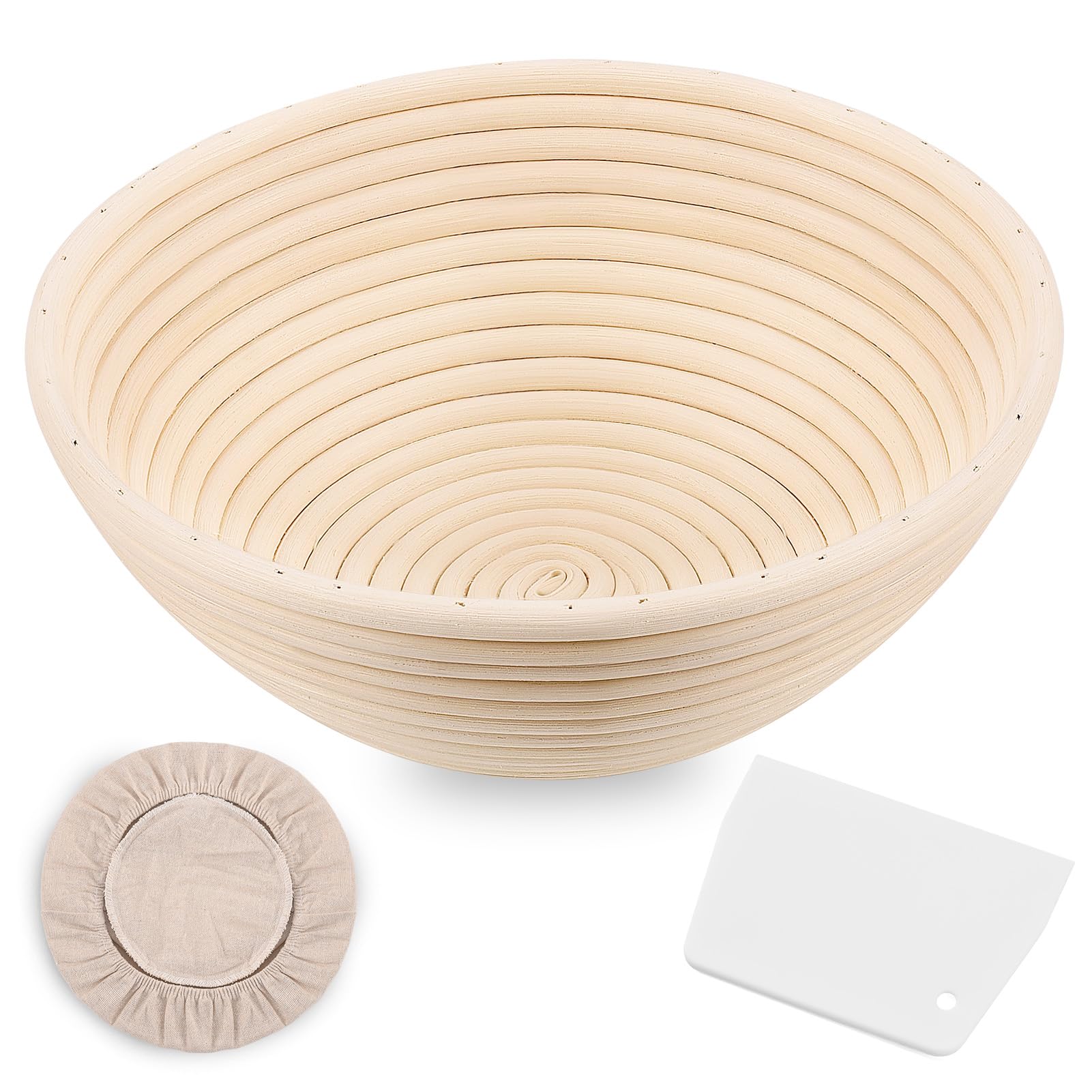 Clheatky Round Banneton 23x23x8.5cm, Natural Rattan, Splinter Free - Handwoven Proofing Basket with Washable Linen Liner & Dough Scraper
