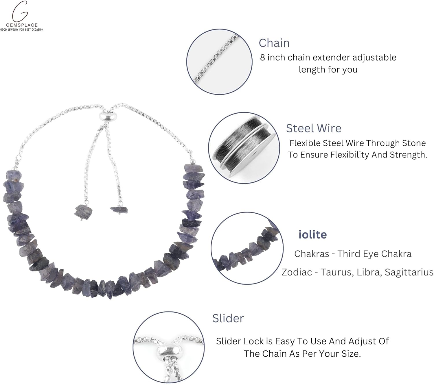 Natural Iolite Raw Bar Bracelet, Rough Stones, Silver Plated, Chakra Healing Crystals, Adjustable Slider, Women Jewelry, Mothers Day Gifts - Image 7