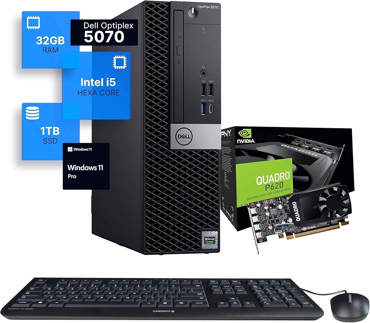 Dell Workstation 5070 PC Computer, Intel i5-9500, Editing/Design Nvidia Quadro P620, 32GB RAM, 1TB NVMe M.2, Windows 11 Pro, WiFi, Wired Keyboard & Mouse, Office Desktop Computers (Renewed)