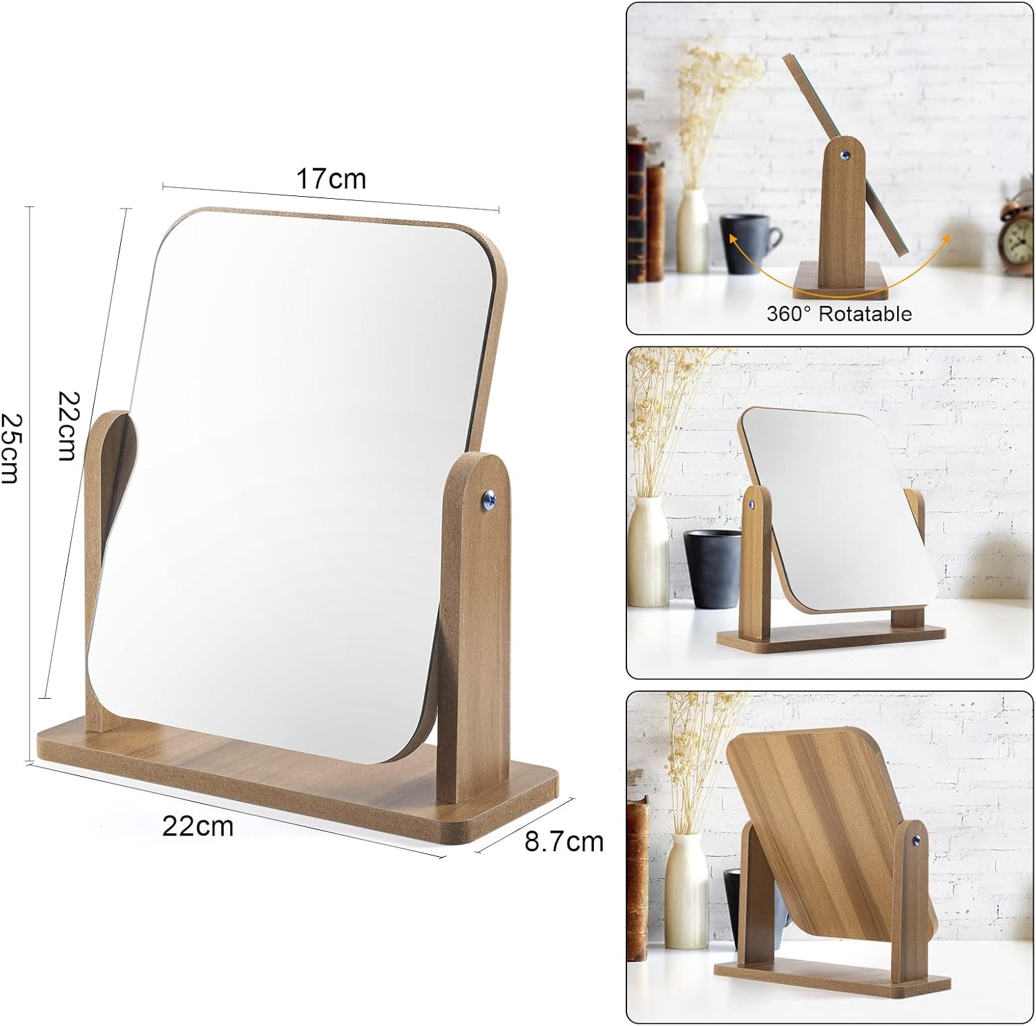 QINGMUG Vanity Mirror Wood Desk Makeup Mirror , 360° Swivel Desktop Square Mirror for Dressing Table Desk Bathroom - Image 3