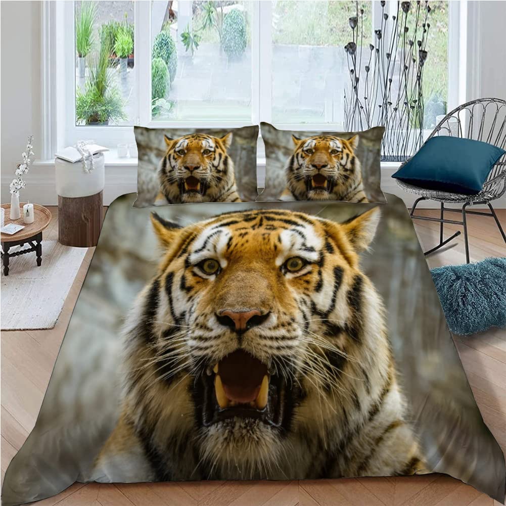 Parure De Lit 240x260 Tigre 3D Motif Housse De Couette Ultra Doux Respirante 3 Pièces Animaux Sauvages Africaine Bedding Avec Fermeture Éclair Et 2 Taie D'oreiller Convient à Adultes Ado