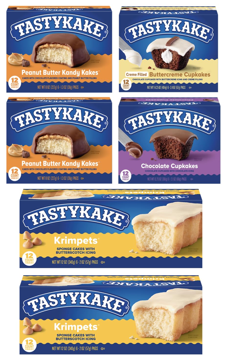 Tastykake Variety Bundle - Peanut Butter Kandykakes, Butterscotch Krimpets, Chocolate Cupkakes, Buttercreme Cupkakes - 6 Boxes